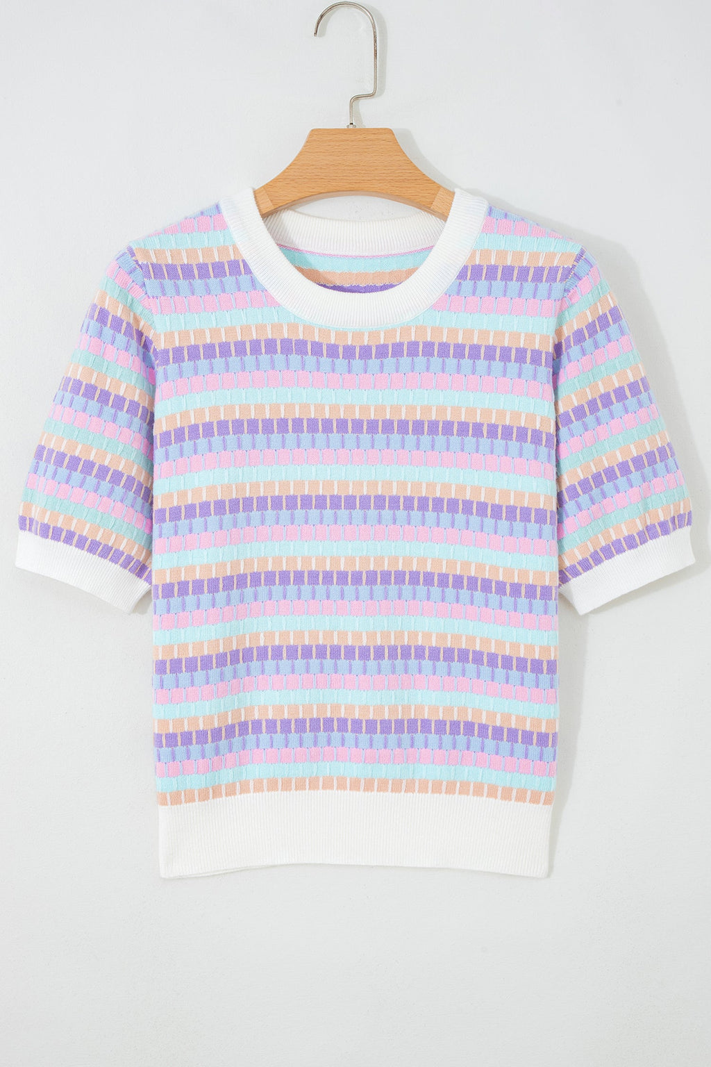 Abstract Stripe Short Sleeve Sweater Knit Top