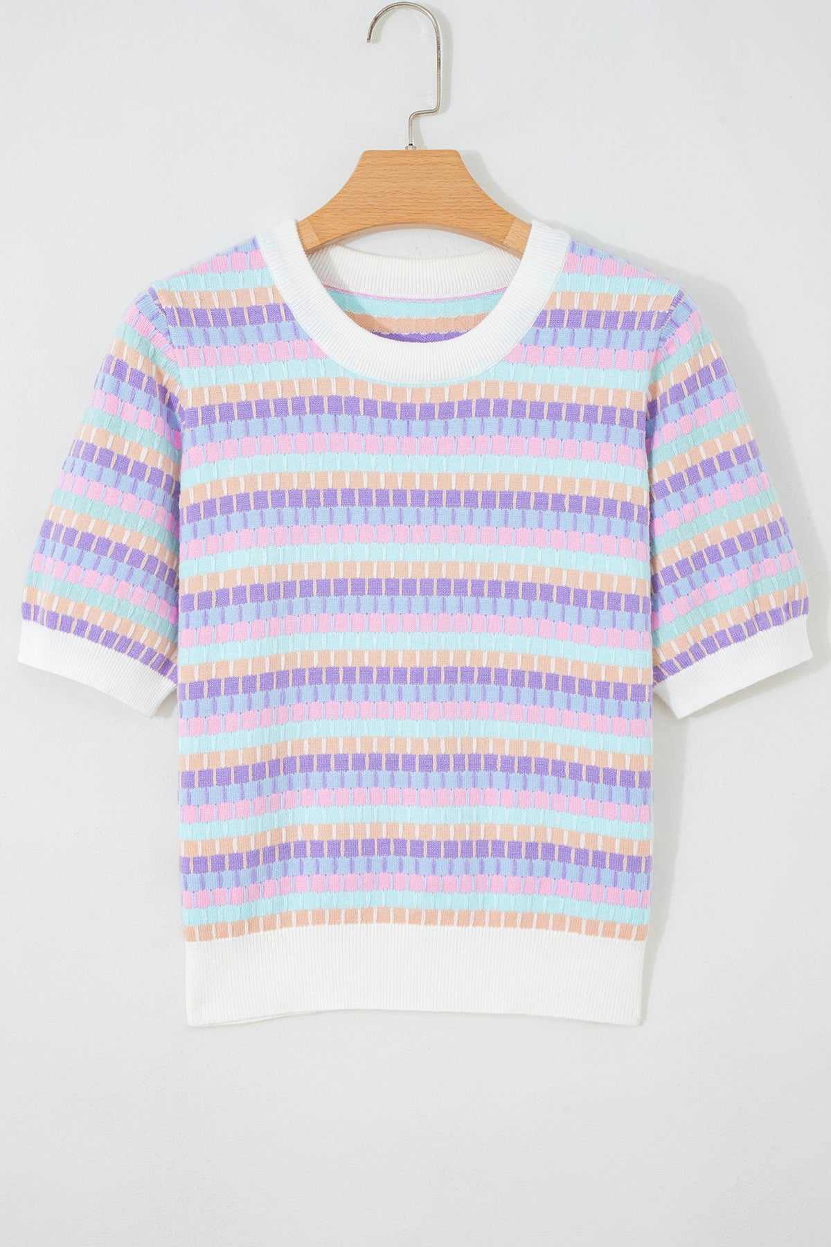 Abstract Stripe Short Sleeve Sweater Knit Top