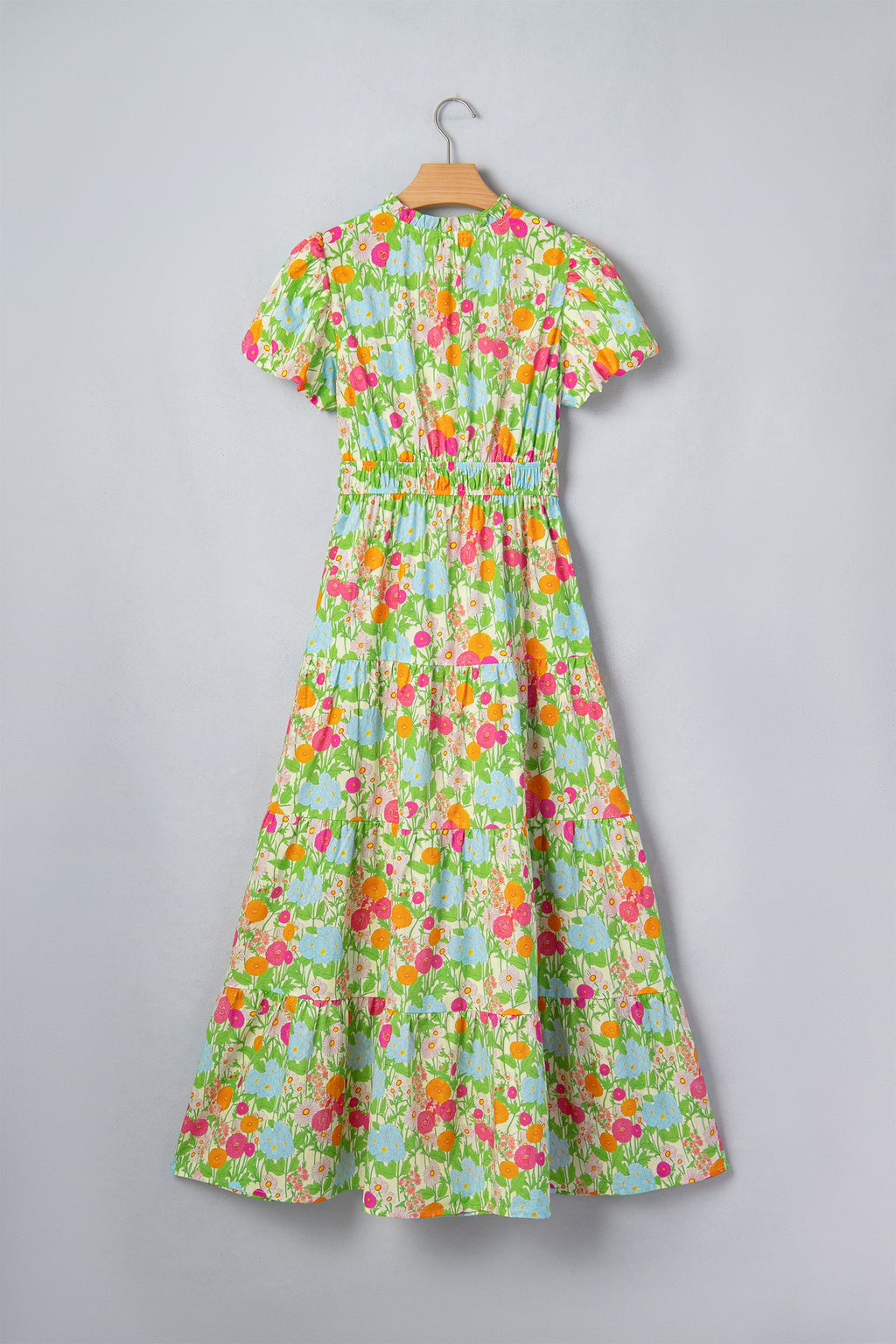 Floral V-Neck Short Puff Sleeve Maxi Dress