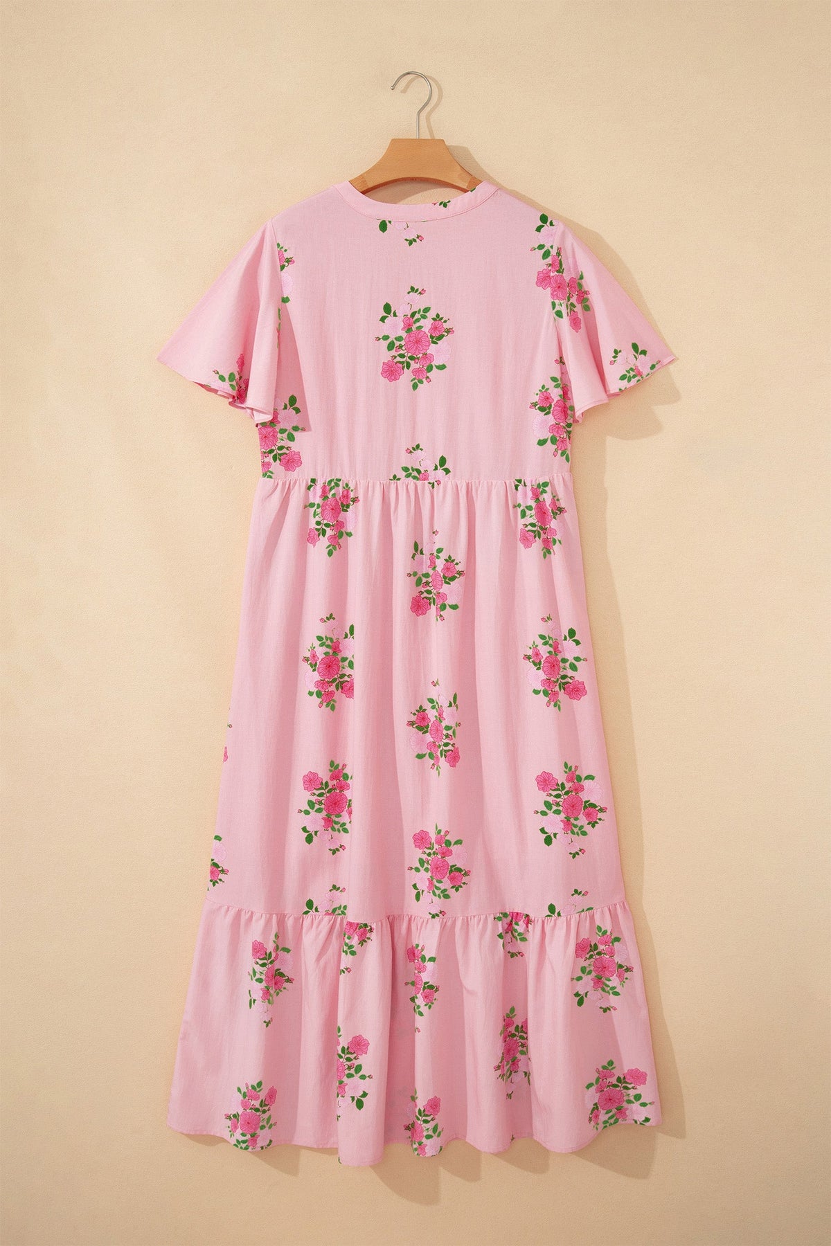 Floral Notched Neck Flutter Sleeve Maxi Dress