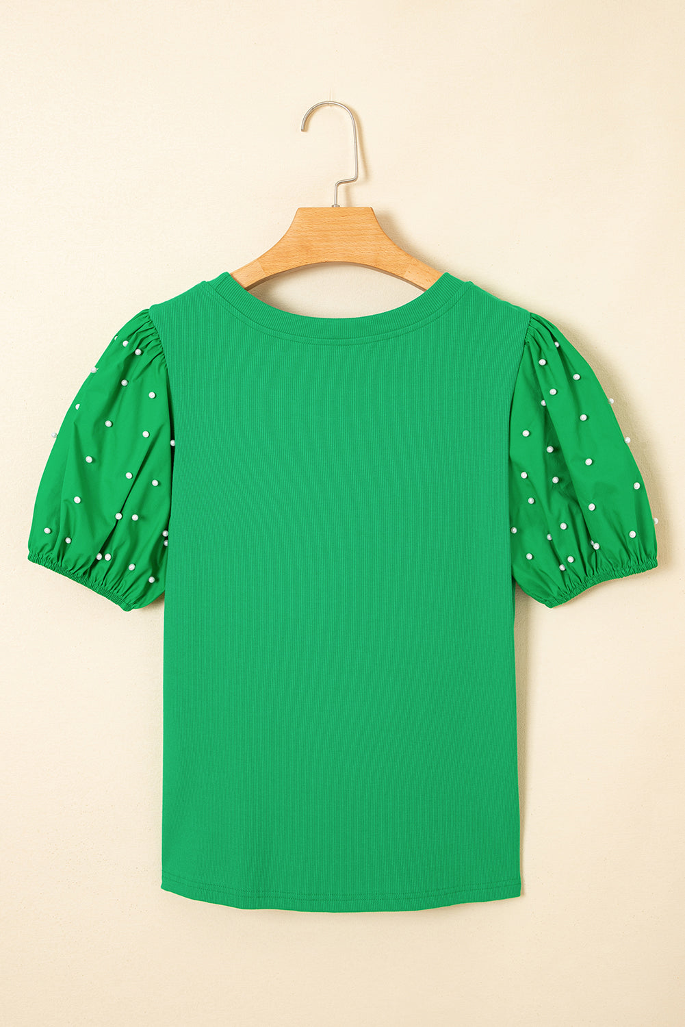 Ribbed Pearl Beaded Puff Sleeve Top