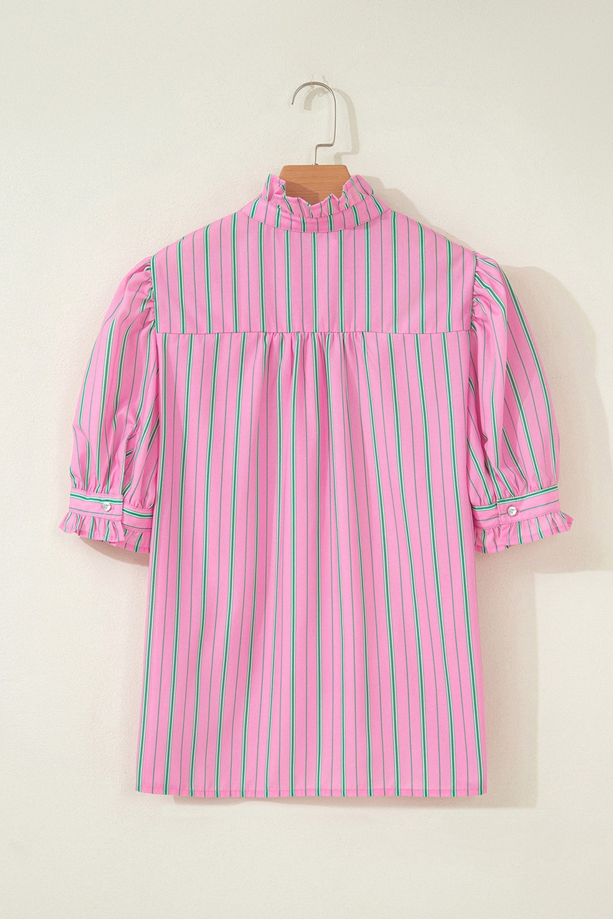 Stripe Ruffle Trim Half Button Puff Sleeve Blouse