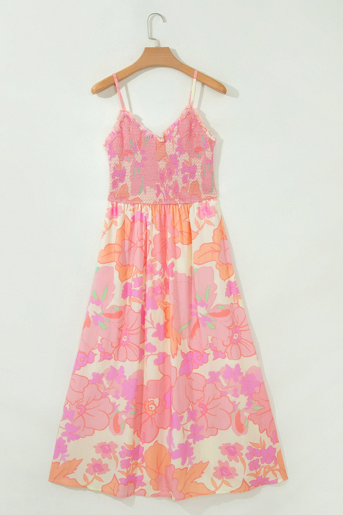 Floral Spaghetti Strap Shirred High Waist Dress