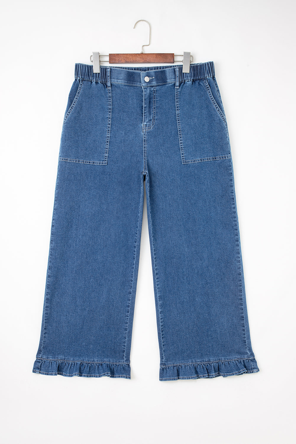 Plus Size Denim Elastic Waist Ruffle Wide Leg Pants