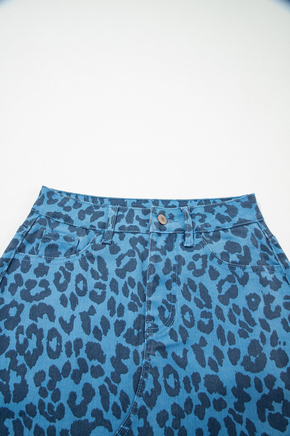 Leopard Denim Frayed Hem Midi Skirt
