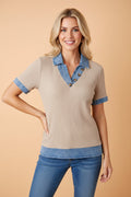 Denim Patchwork Ribbed Knit Collared Blouse