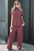 Corded Knit Mock Neck Tee and Pant Set