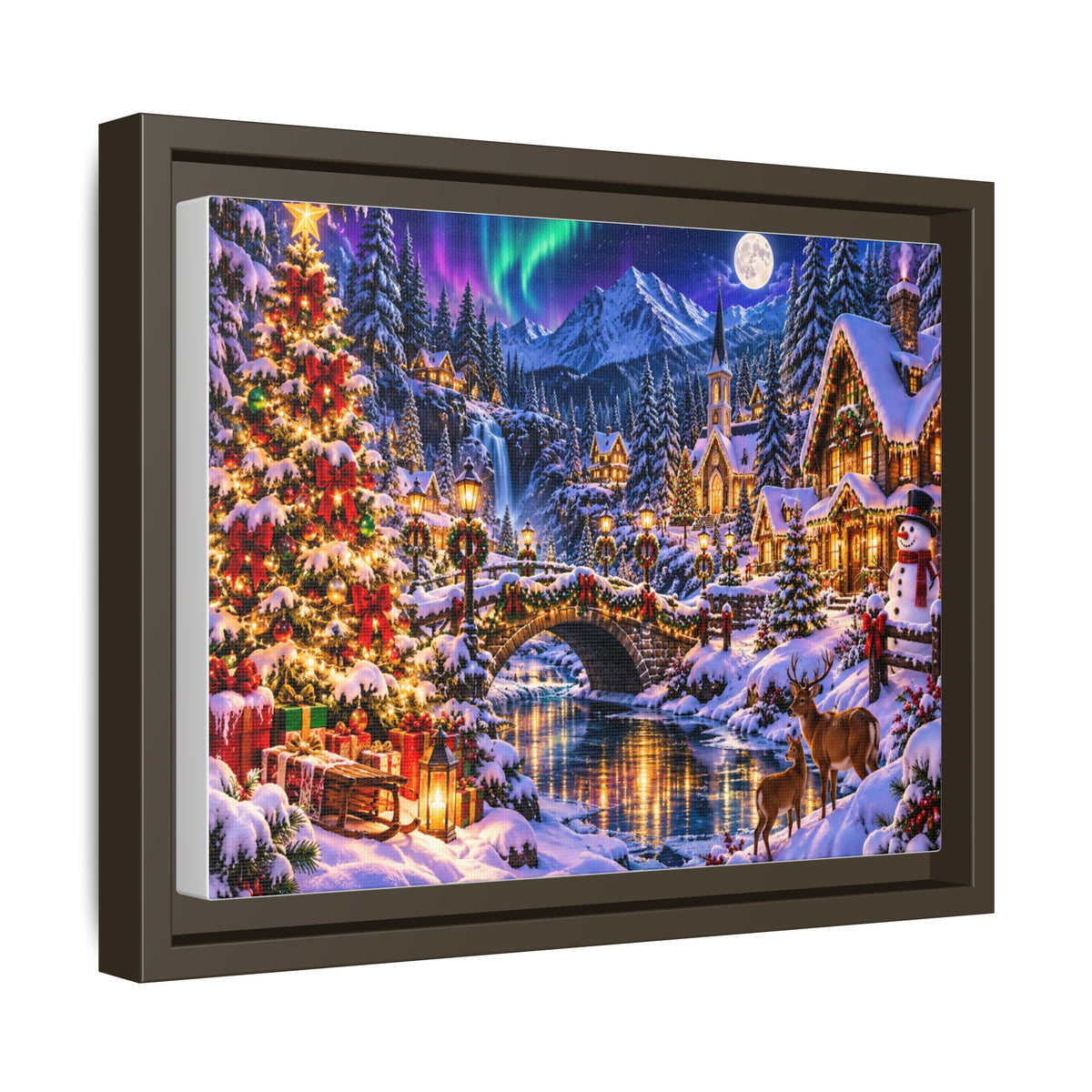 Framed Matte Canvas - Cozy Christmas Village Winter Night Wall Art