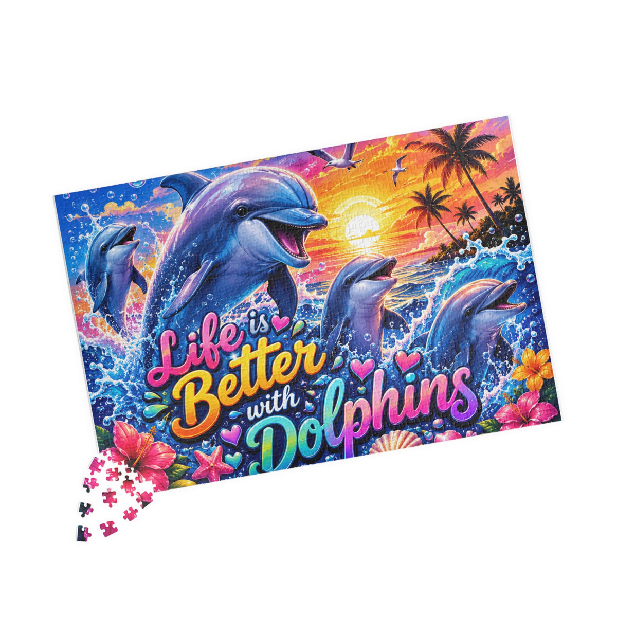 Life Is Better with Dolphins Puzzle | Ocean Sunset Dolphin Jigsaw