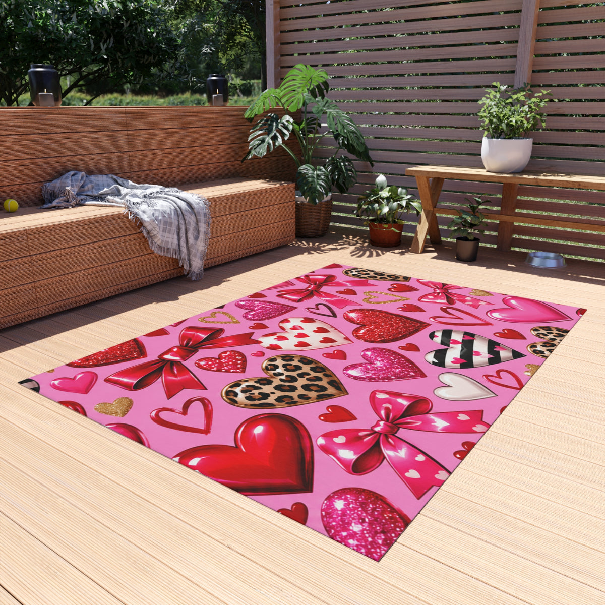 Valentine Hearts Outdoor Rug — Pink Bow & Leopard Accent Doormat