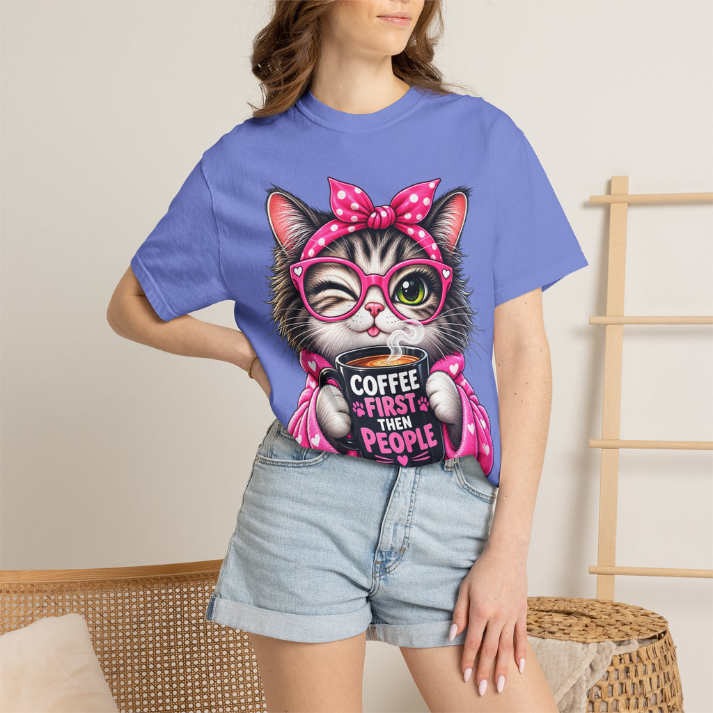 Cat Coffee Tee — "Coffee First Then People" Cute Cat Graphic T-Shirt