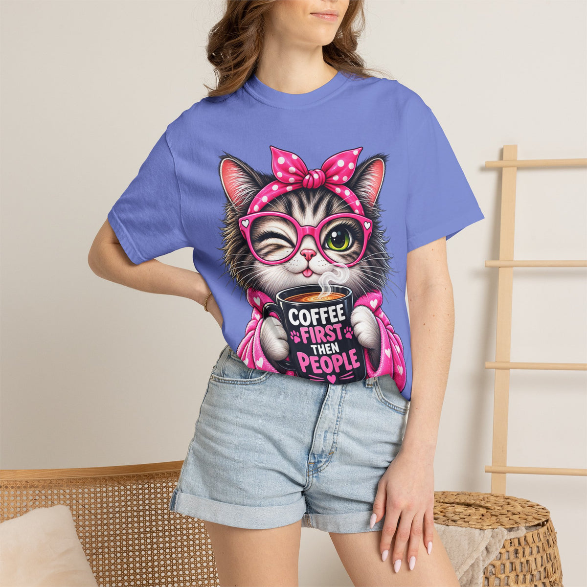 Cat Coffee Tee — "Coffee First Then People" Cute Cat Graphic T-Shirt
