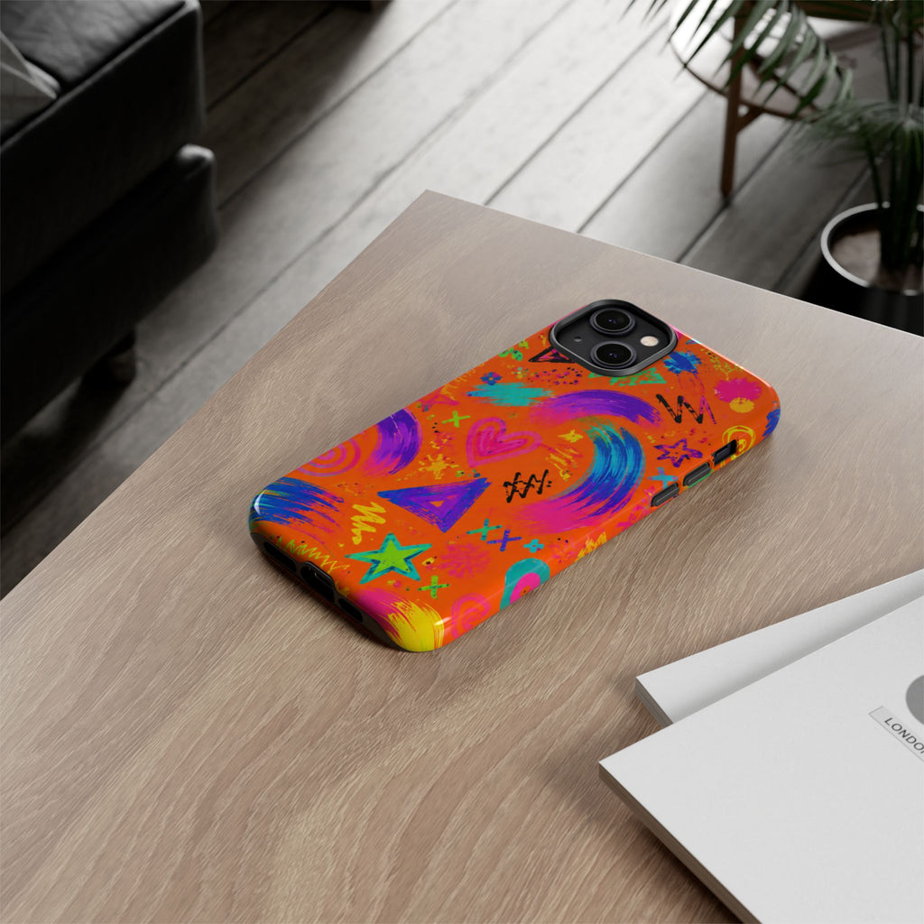 Colorful Neon Doodle Phone Case — Bright Abstract Stars & Hearts Tough Case