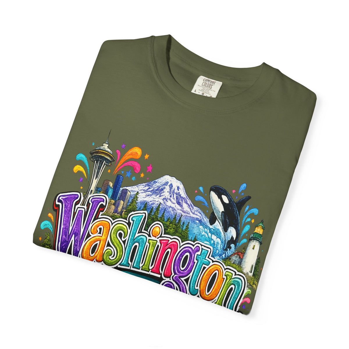 Washington State Scene T-shirt | Seattle Skyline, Orca, Apples