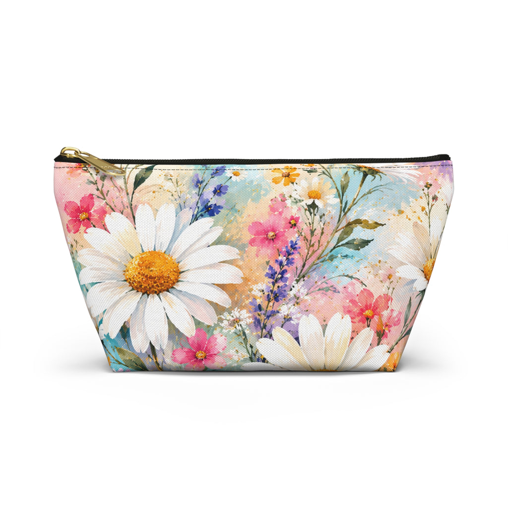 Daisy Meadow Accessory Pouch — Floral Cosmetic T‑Bottom Bag