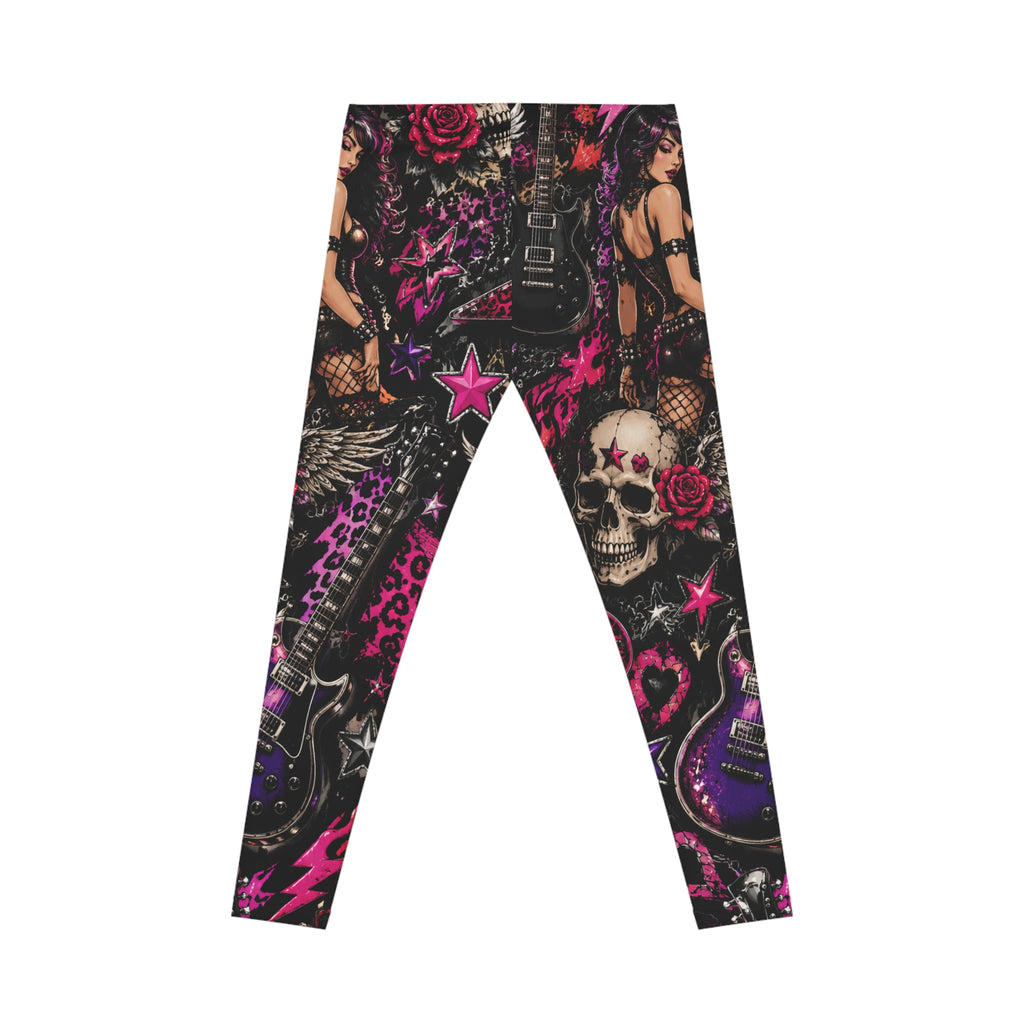 Rock Skull Pattern Leggings — Gothic Pink Skull & Guitar All-Over Print