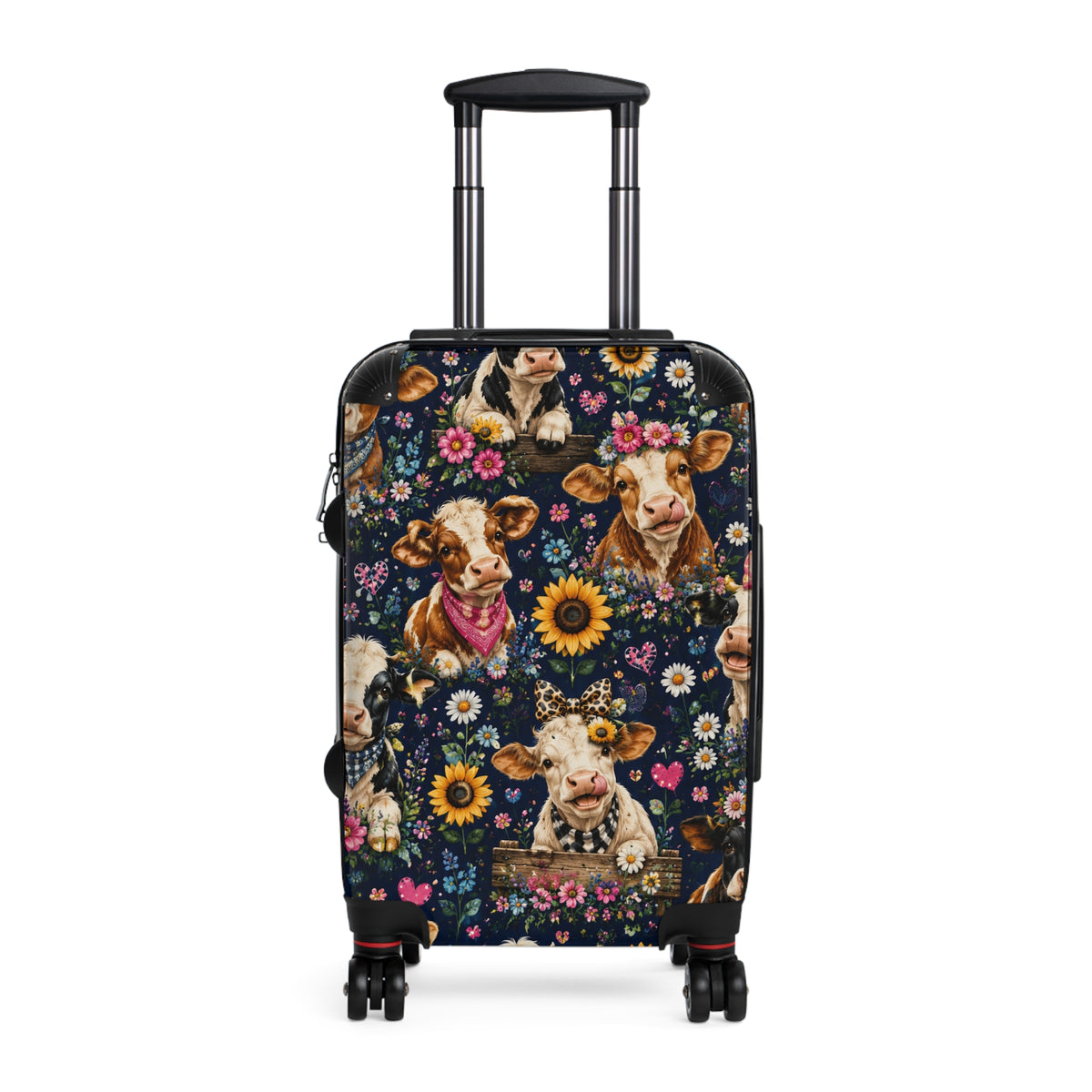 Cow Floral Suitcase – Cute Cow Print Carry-On Luggage with Sunflowers