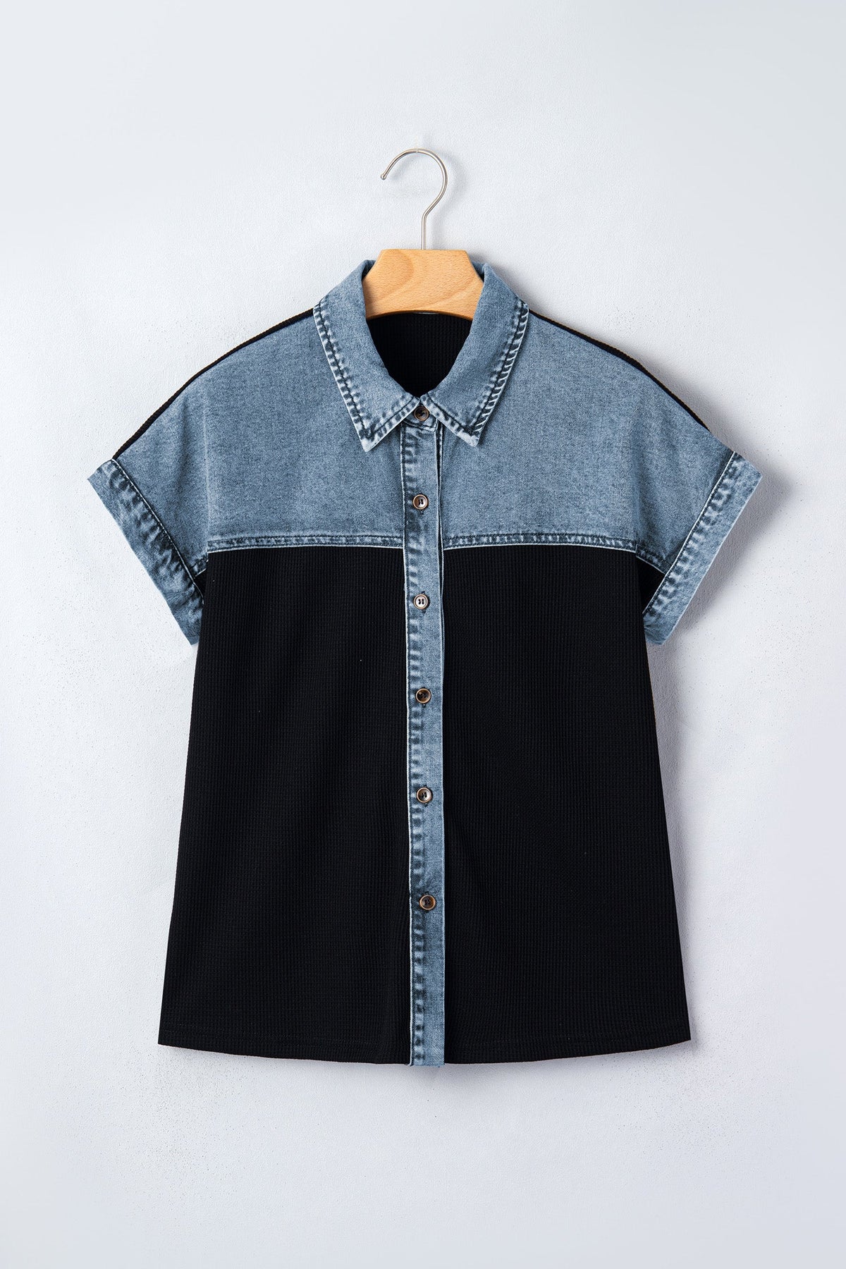 Colorblock Denim Patchwork Waffle Knit Buttoned Shirt