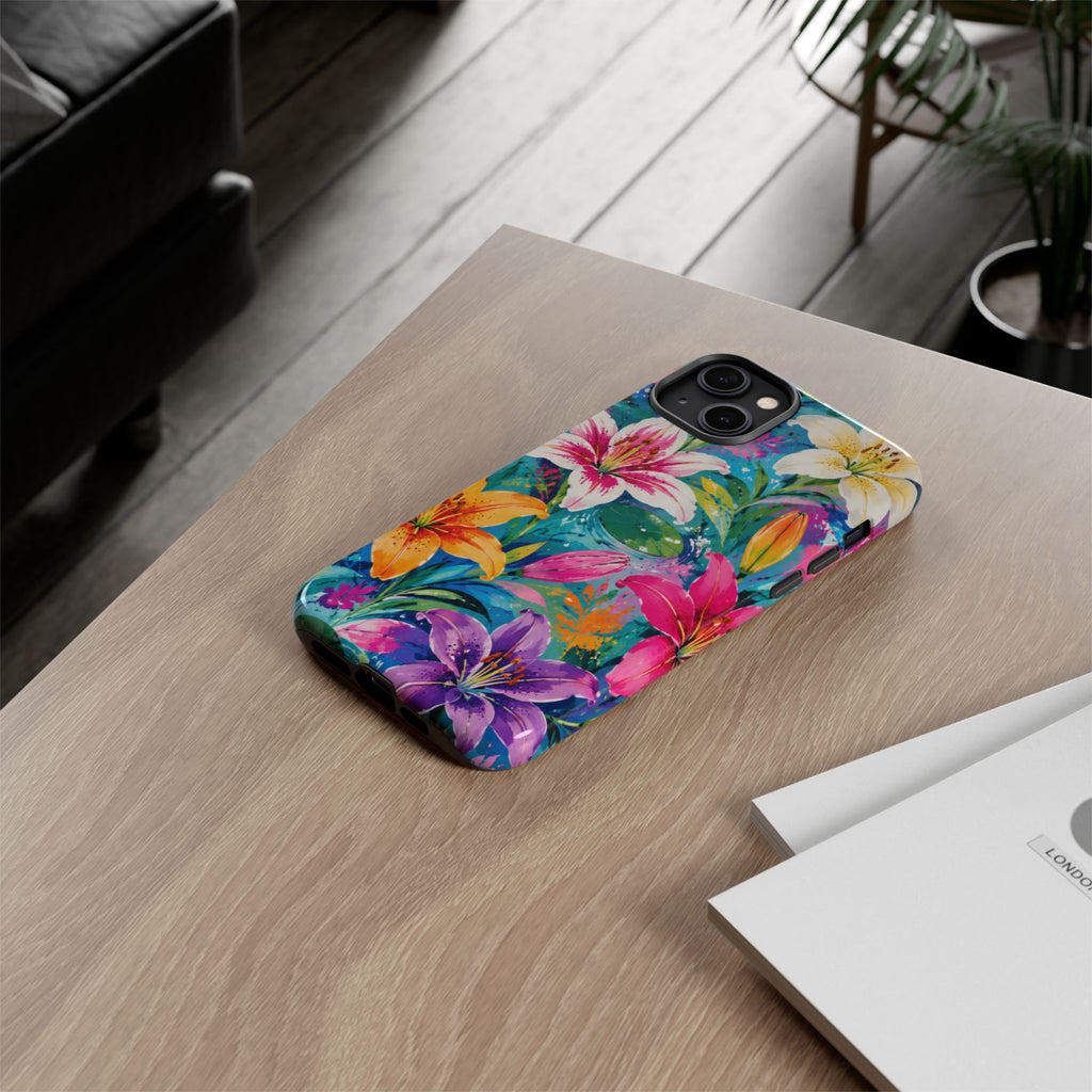 Floral Lily Tough Phone Case — Colorful Tropical Flower Protective Cover