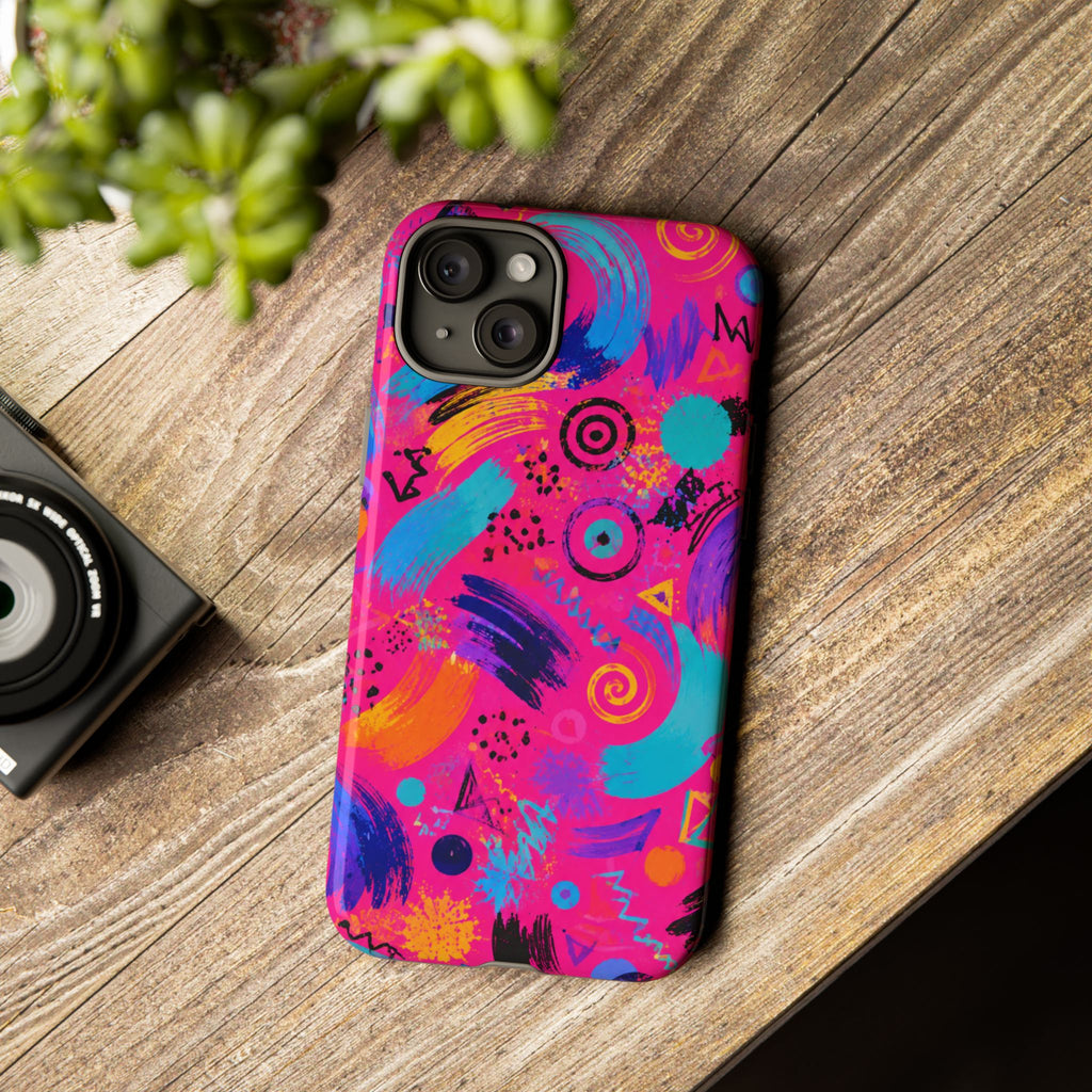 Neon Retro Abstract Tough Phone Case — 80s Brushstroke Pattern