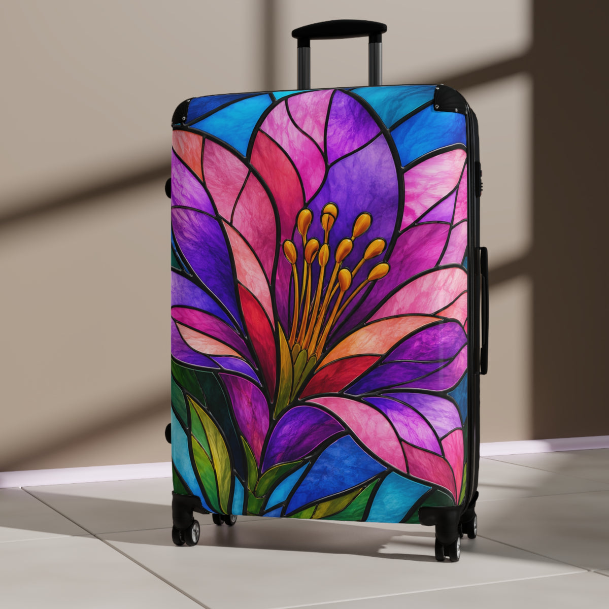 Floral Stained Glass Carry-On Suitcase — Vibrant Pink & Purple Travel Luggage