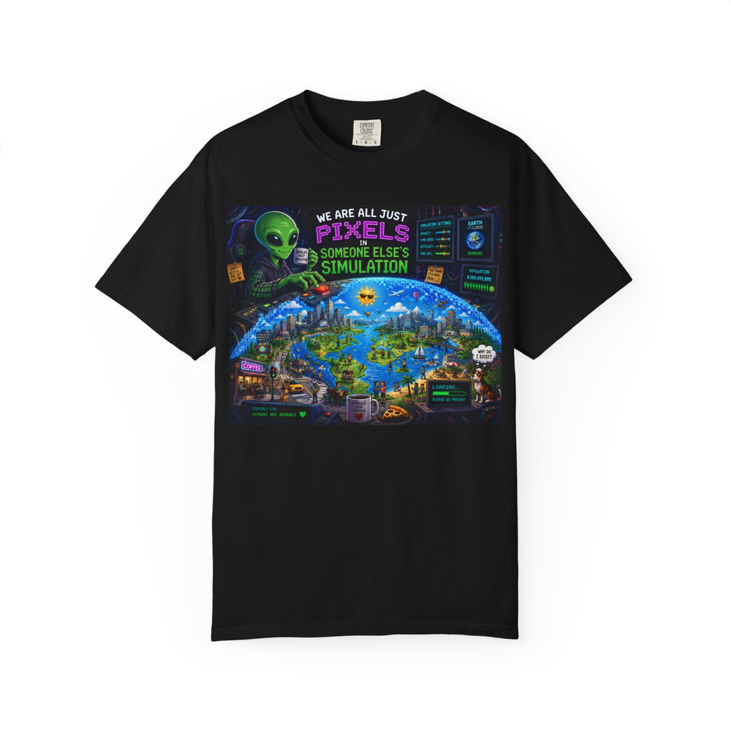 Pixels Simulation T-shirt | Alien, Retro Video Game City, Glitch Art