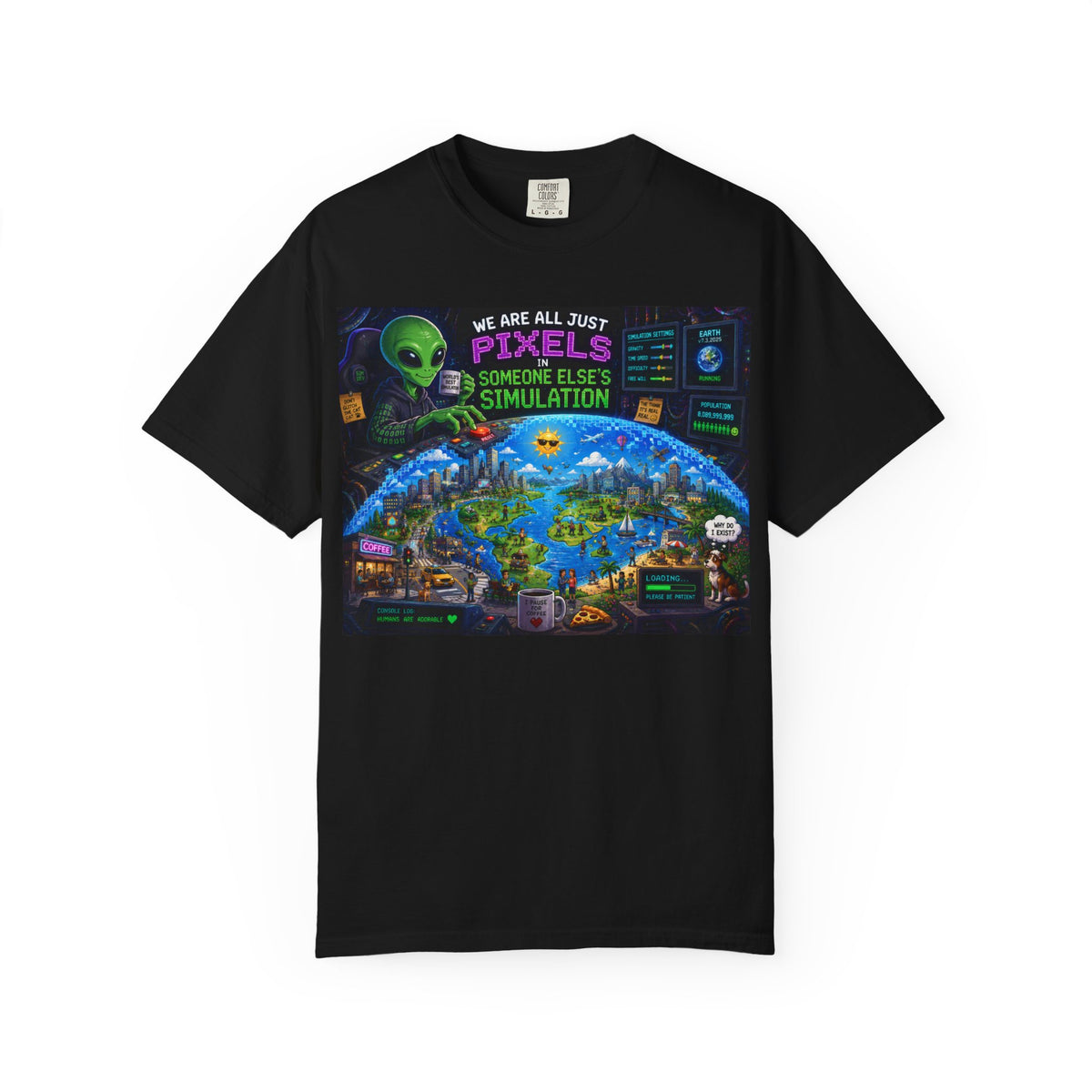 Pixels Simulation T-shirt | Alien, Retro Video Game City, Glitch Art