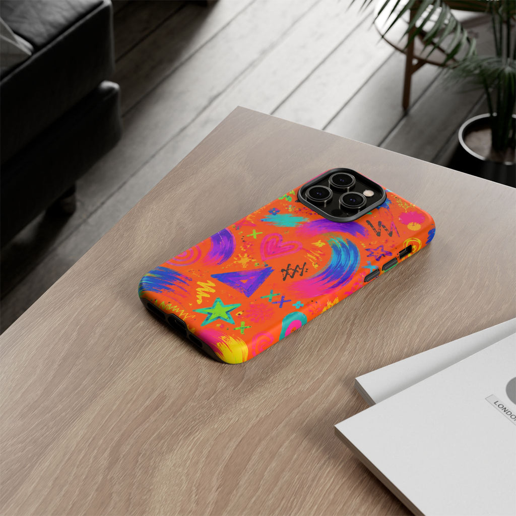Colorful Neon Doodle Phone Case — Bright Abstract Stars & Hearts Tough Case