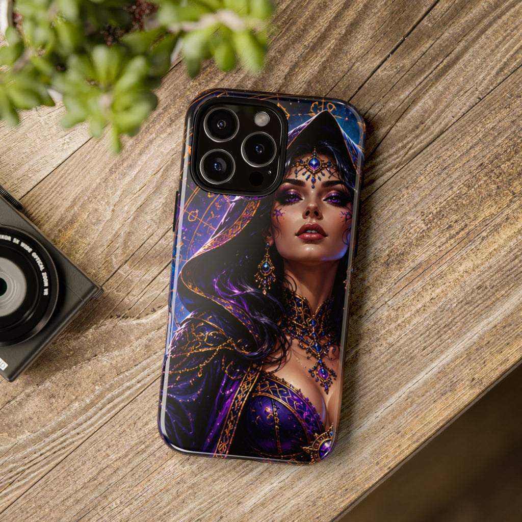 Phone Case — Mystical Sorceress Art Protective Tough Case (Astrology, Purple Hooded Witch)
