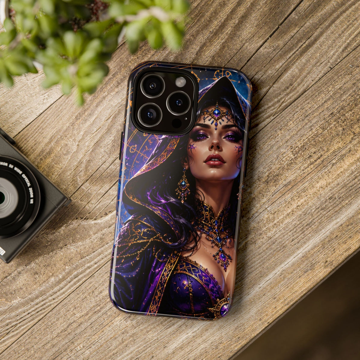 Phone Case — Mystical Sorceress Art Protective Tough Case (Astrology, Purple Hooded Witch)
