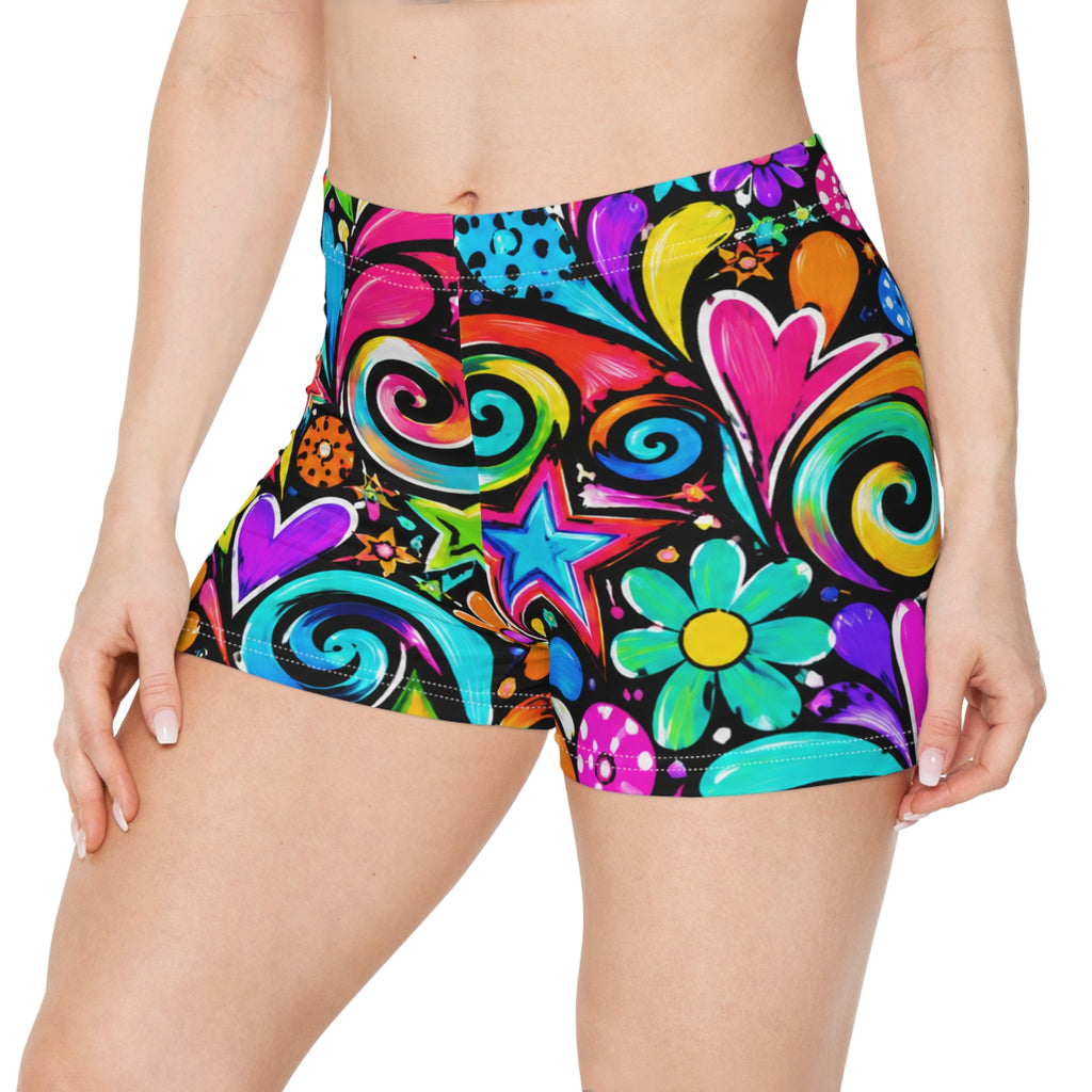 Neon Psychedelic Floral Shorts — Women's Colorful Swirl Heart Print