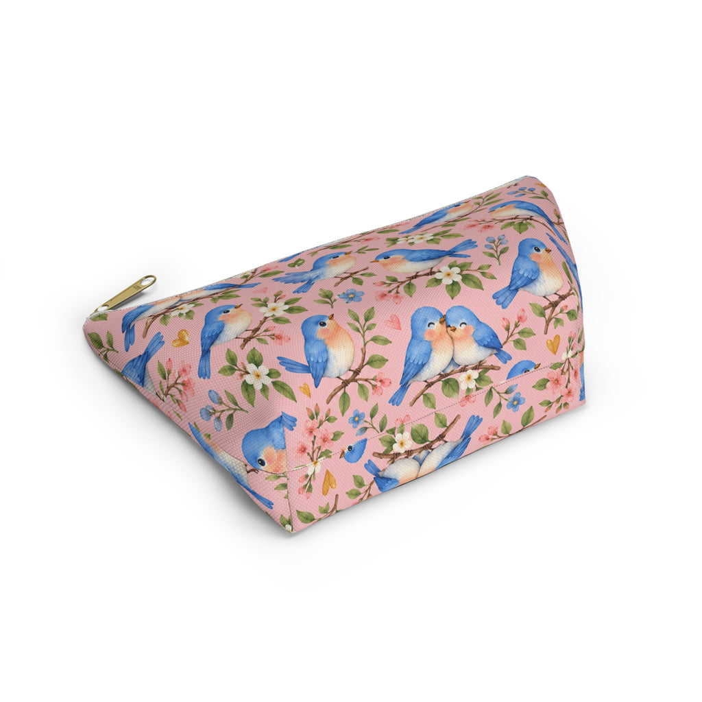 Bluebird Pattern Accessory Pouch | Pink Floral Zip Pouch