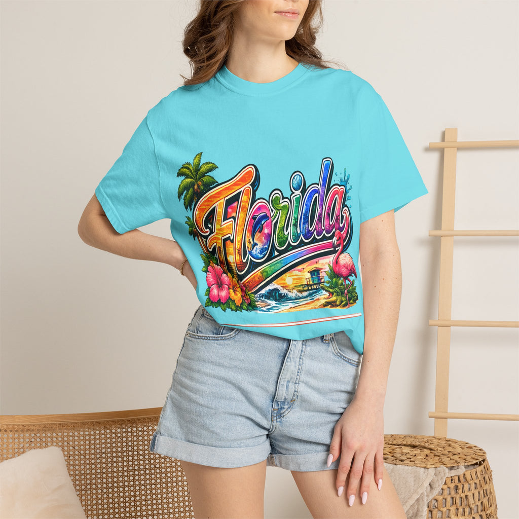 Florida Retro Palm Beach Sunset T-Shirt | Flamingo Hibiscus
