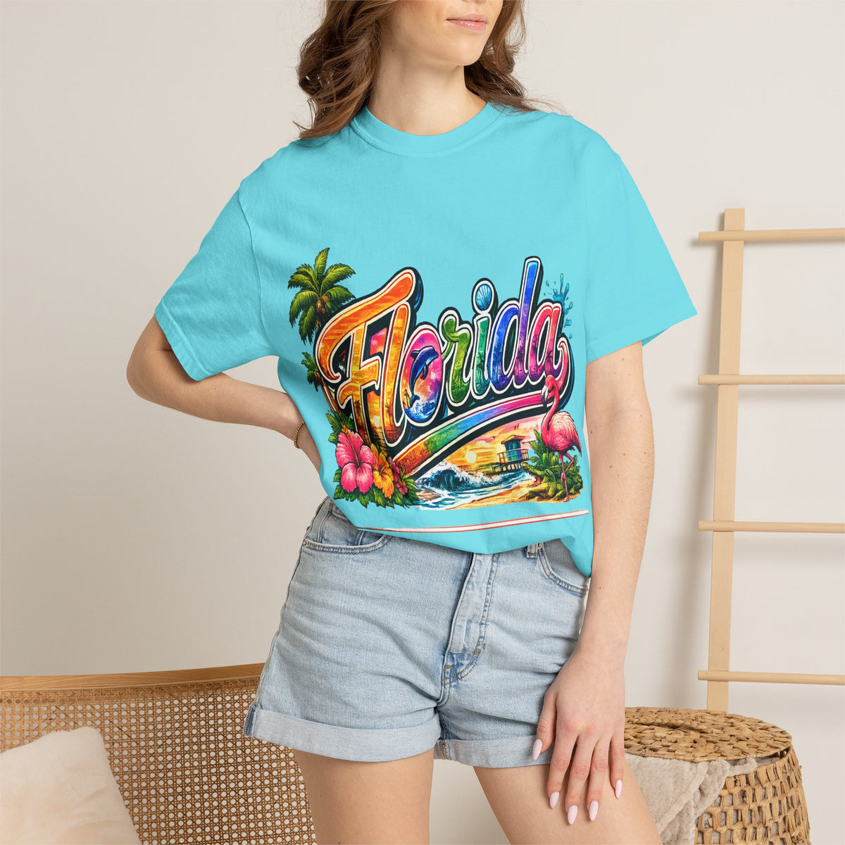 Florida Retro Palm Beach Sunset T-Shirt | Flamingo Hibiscus