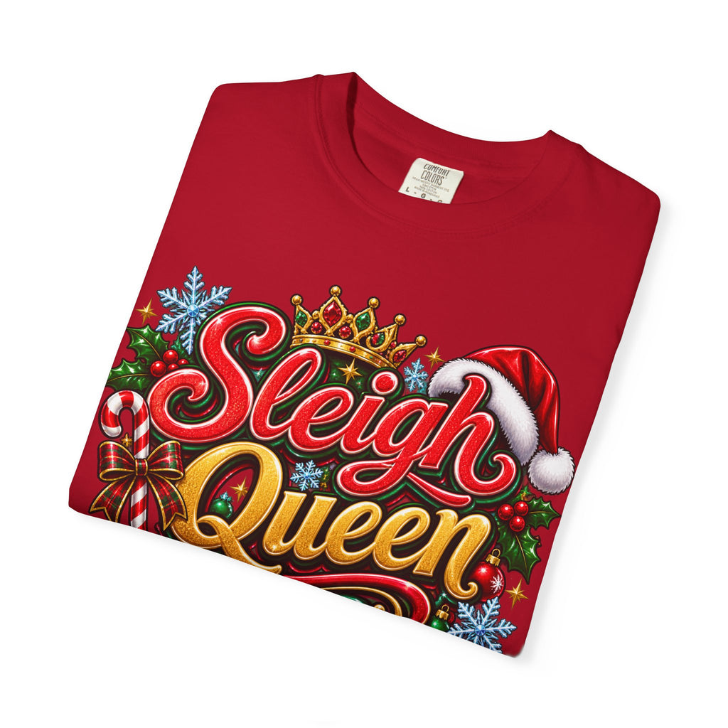 Sleigh Queen T-Shirt — Festive Christmas Holiday Tee with Santa Hat & Candy Cane Design