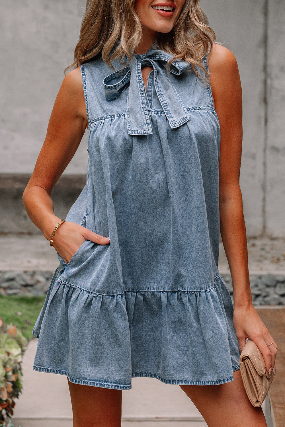 Chambray Bow Neck Sleeveless Ruffle Dress