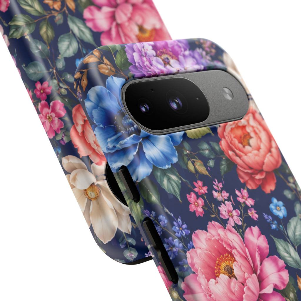 Floral Tough Phone Case – Vibrant Garden Flowers on Navy
