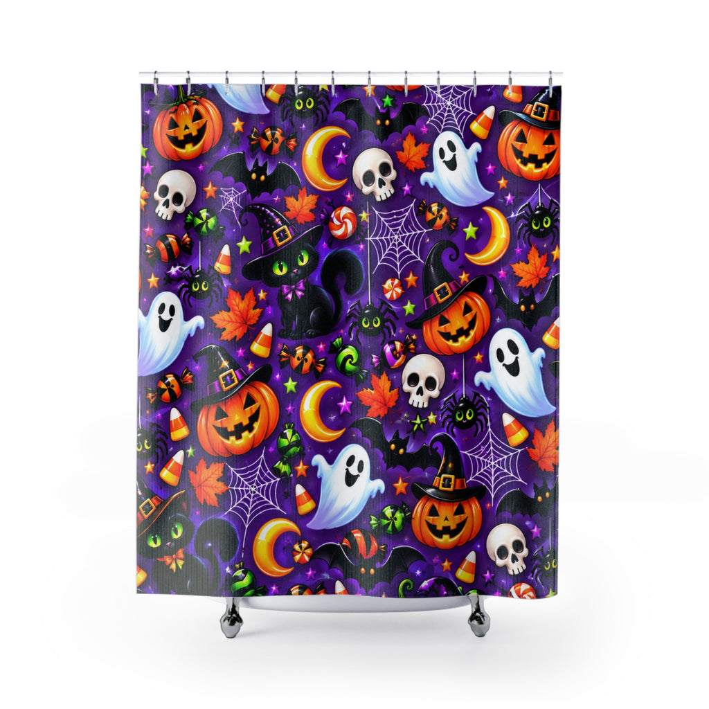 Halloween Cartoon Shower Curtain — Purple Ghosts, Pumpkins & Skulls Bathroom Decor