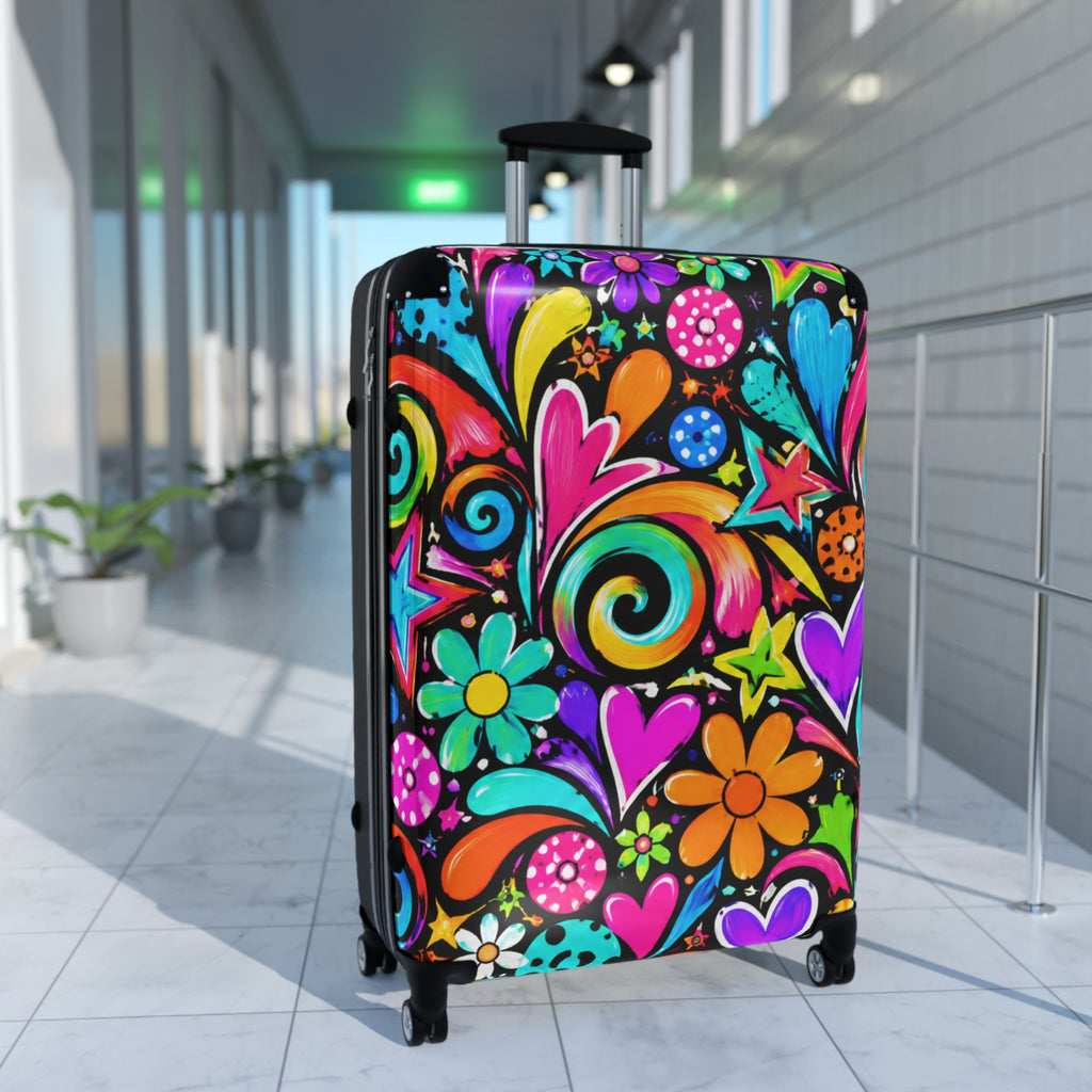 Colorful Retro Floral Suitcase — Bright Hippie Heart & Star Luggage Cover
