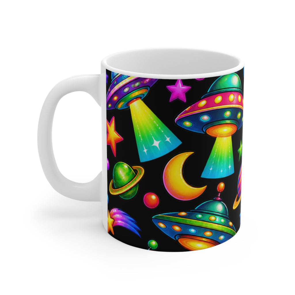 Neon UFOs & Planets Ceramic Mug — 11oz Colorful Space Alien Pattern