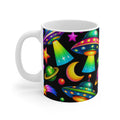 Neon UFOs & Planets Ceramic Mug — 11oz Colorful Space Alien Pattern