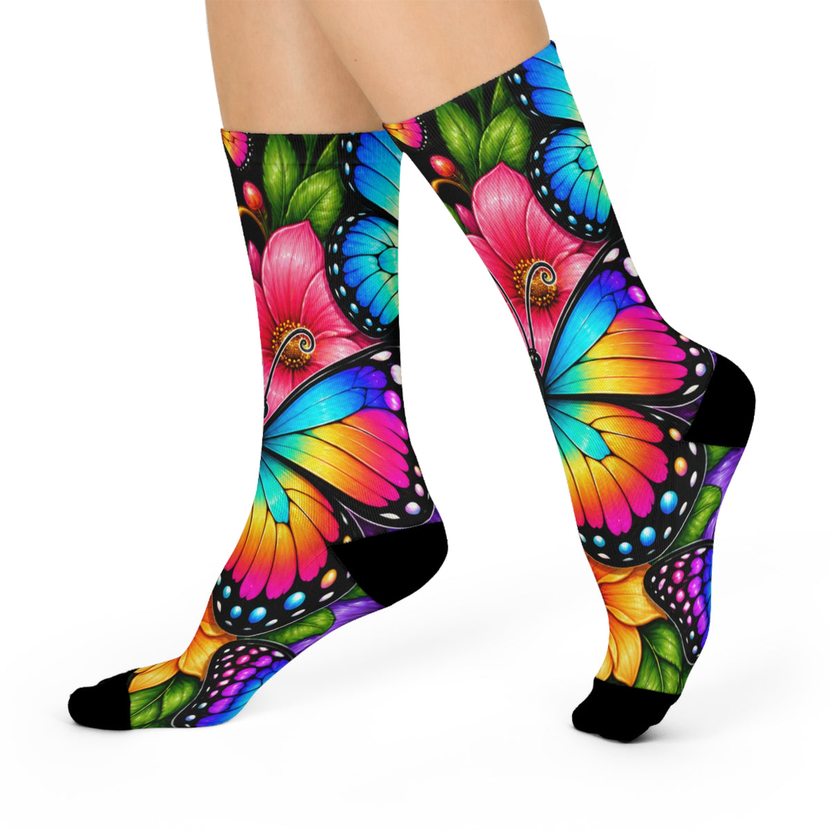 Colorful Butterfly Floral Crew Socks — Vibrant Rainbow Butterflies on Black