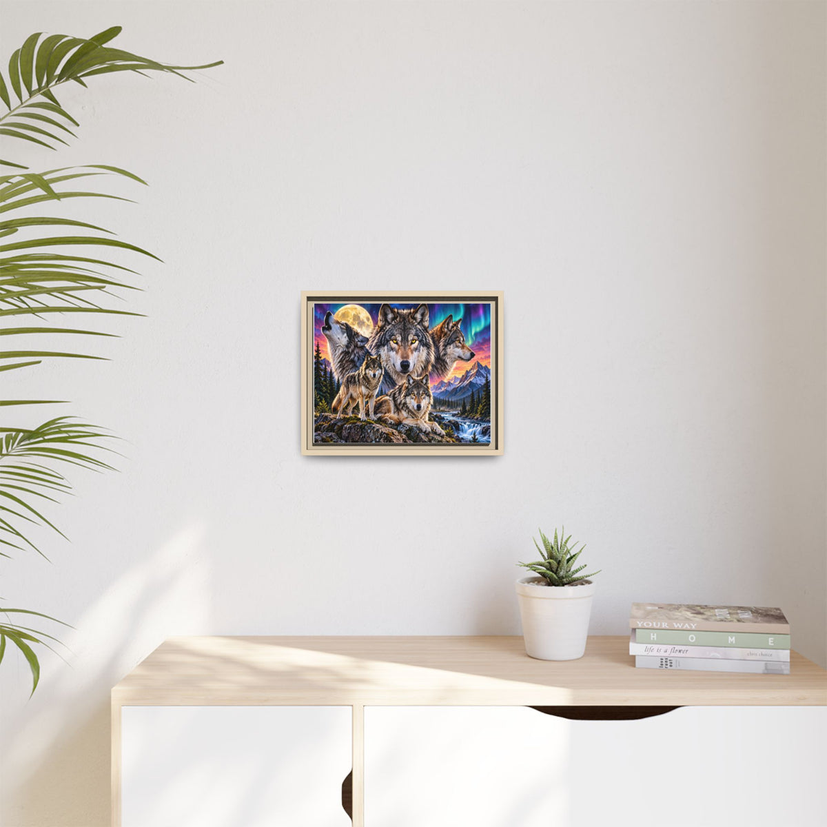 Framed Wolf Pack Matte Canvas Wall Art — Northern Lights Wilderness Scene