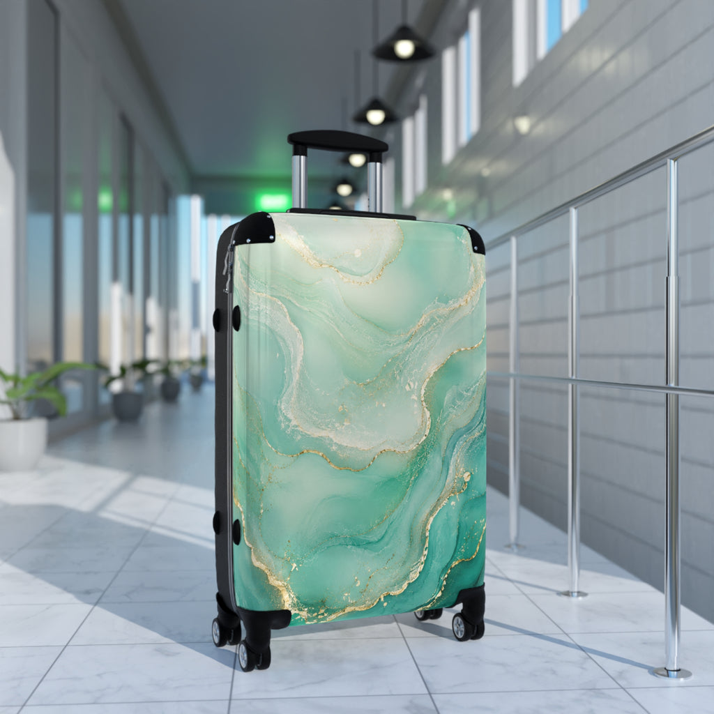 Teal Marble Carry-On Suitcase — Elegant Travel Luggage with Gold Vein Design