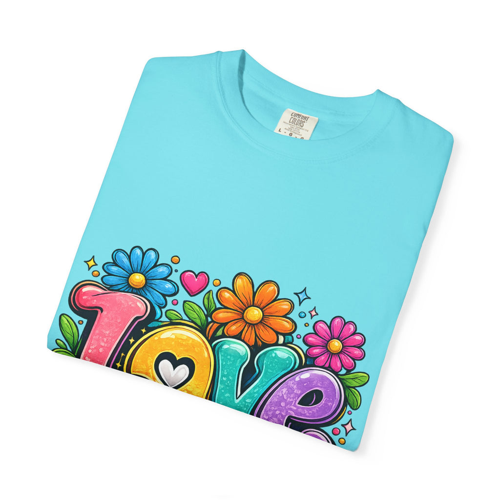 Retro Floral "Love" Design T-shirt | Colorful 70s Heart Typography