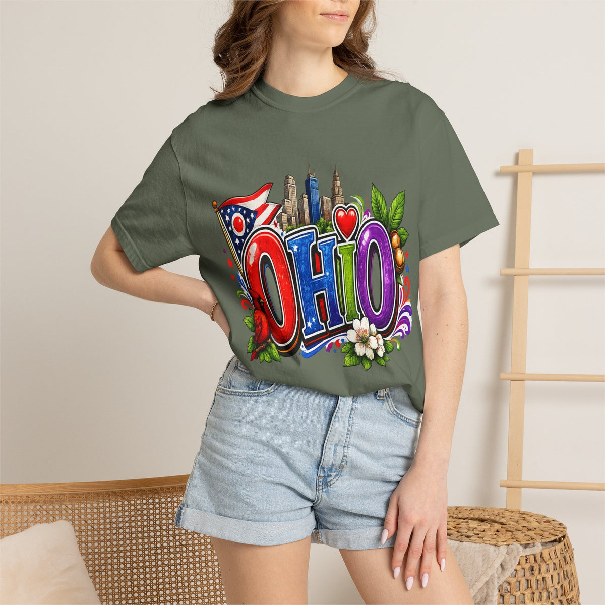 Ohio State Skyline Graphic T-shirt | State Flag Floral Design