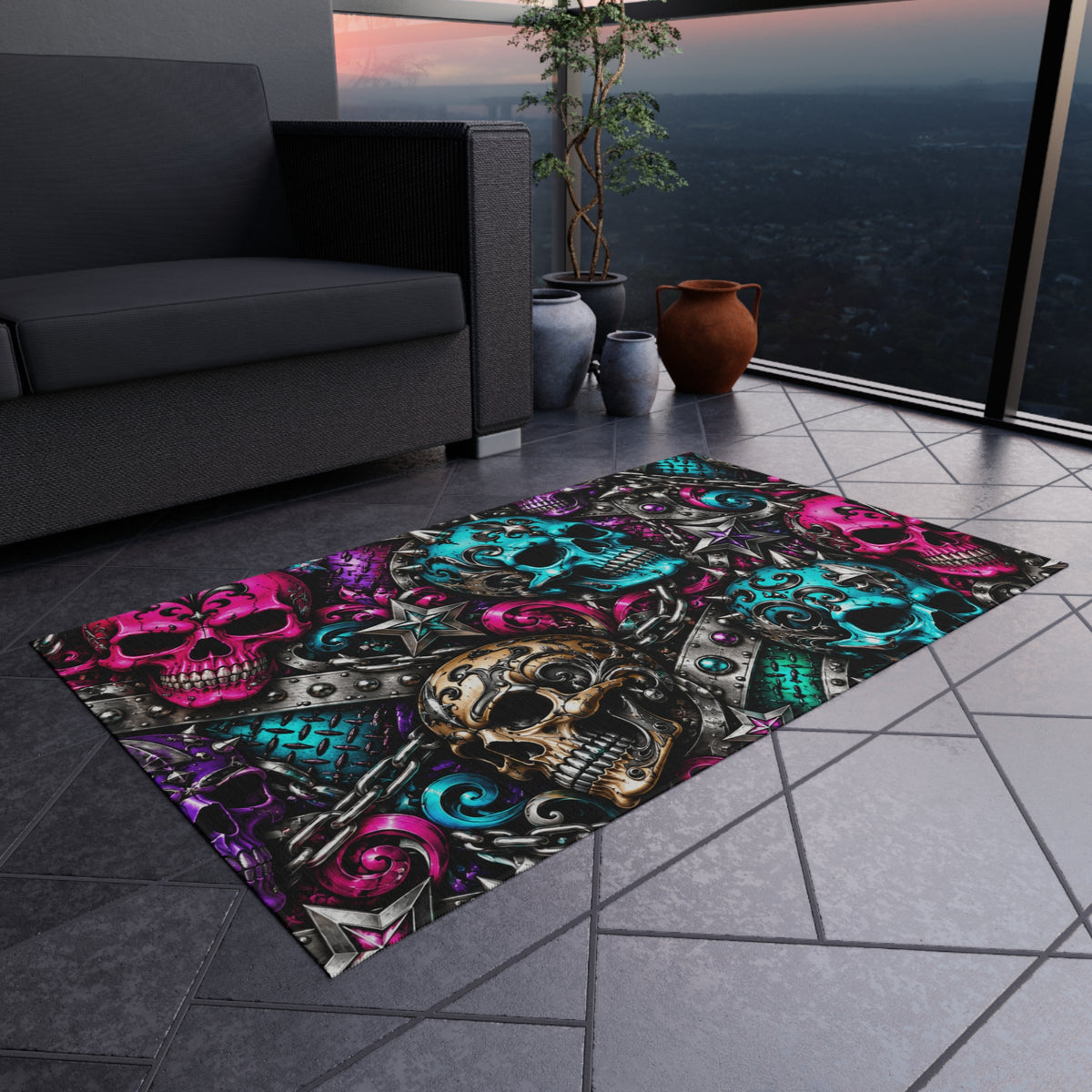 Skull Mosaic Outdoor Rug — Colorful Gothic Skull Pattern Doormat