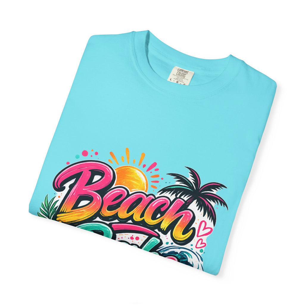 Beach Babe T-shirt | Tropical Palm Hibiscus Sunset Design