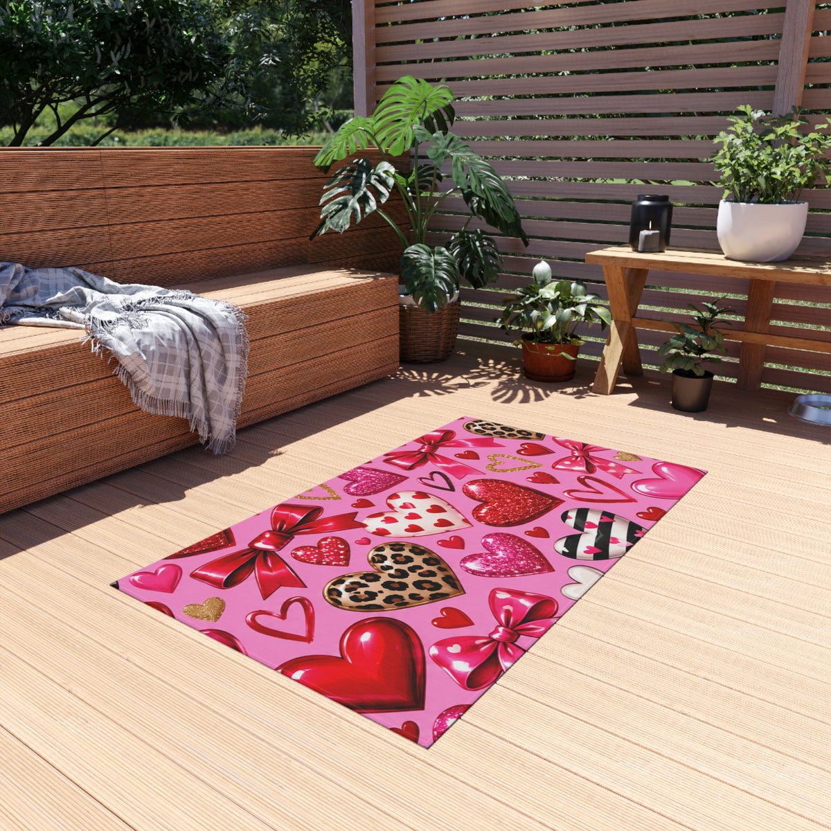 Valentine Hearts Outdoor Rug — Pink Bow & Leopard Accent Doormat