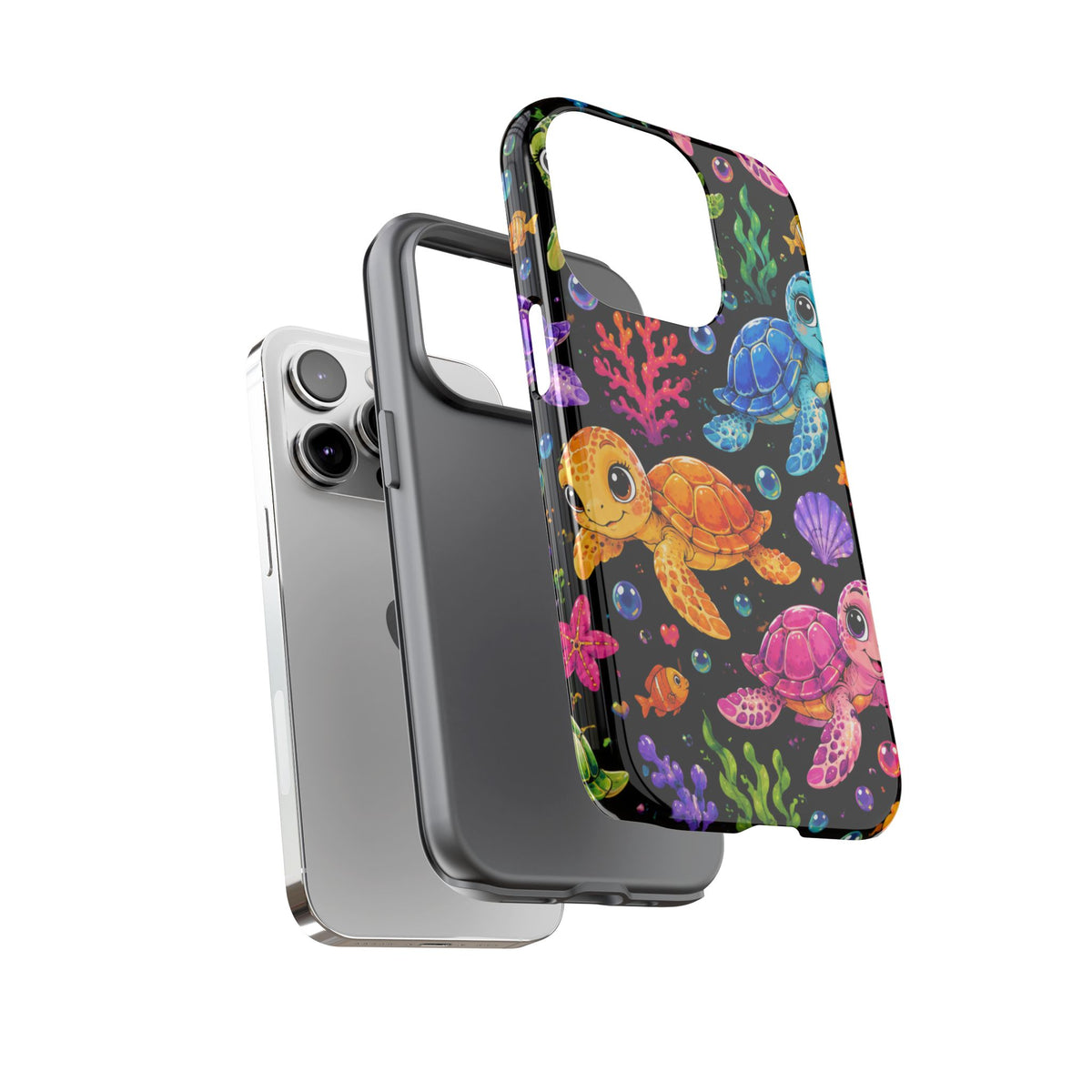 Phone Case — Colorful Cute Sea Turtles on Black (Protective Smartphone Cover)